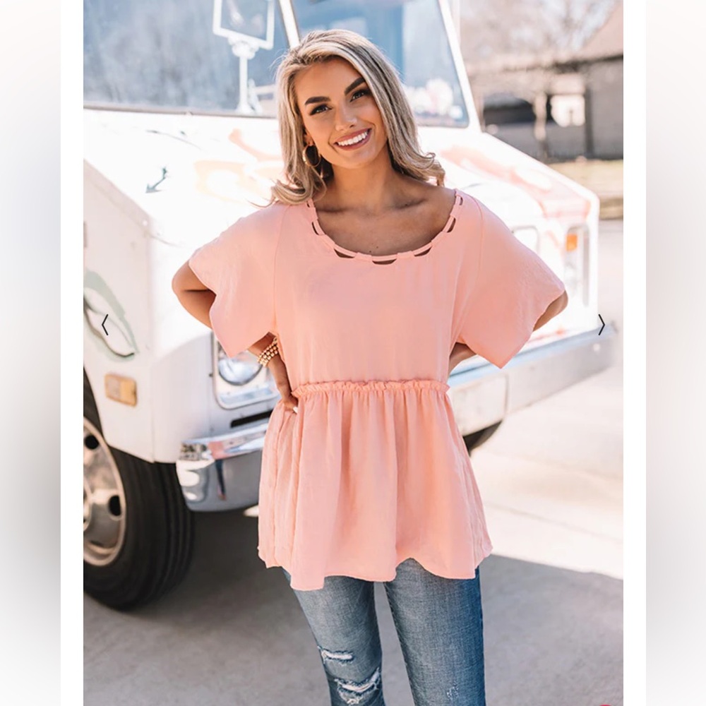 Impressions Botique SEE YOU SOON SHIFT TOP IN PEACH medium
